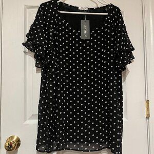 NWT ladies 18W IN'VOLAND black polka dot short sleeve lined shirt top blouse